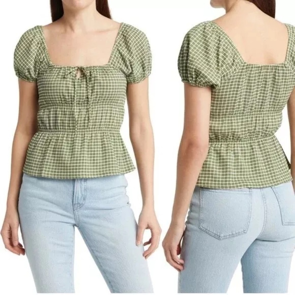 Madewell Omaha Tiered Top Women's Size XXL Green Gingham Peplum